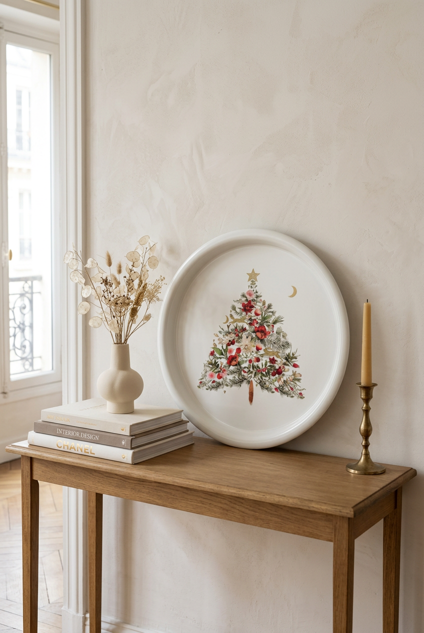 Plateau à l'arbre fleuri dressé contre un mur à la chaux avec livres et vase