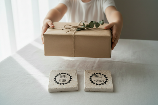 Enfant qui offre un cadeau avec carreaux travertin Super ATSEM Merci Nounou - L’Artelier Déco