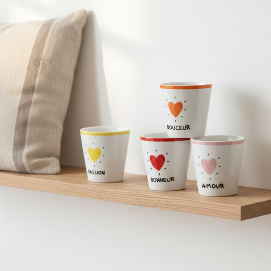 4 tasses pyramide étagère chêne coussin lin