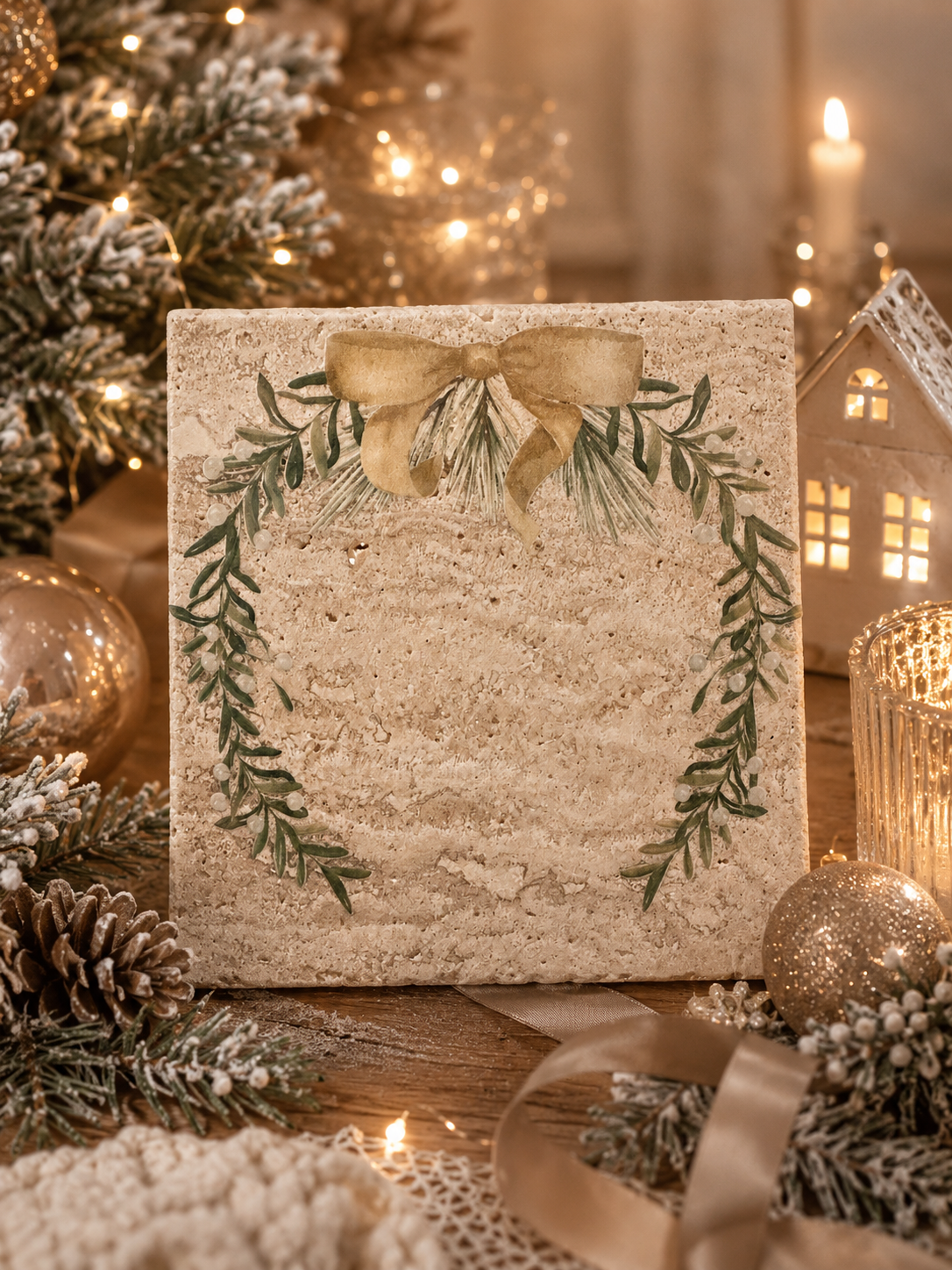 Dessous de verre travertin personnalisé – Noël 2026 | Fait main | L'Artelier Déco