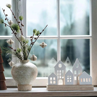 Photophore de Noël Scandinave | Village Lumineux en Porcelaine & Bois | Nordic Noël