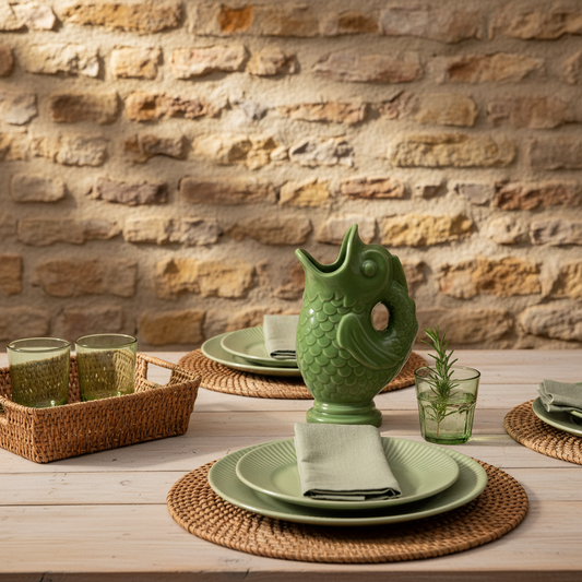 Carafe poisson vert - mur en pierre