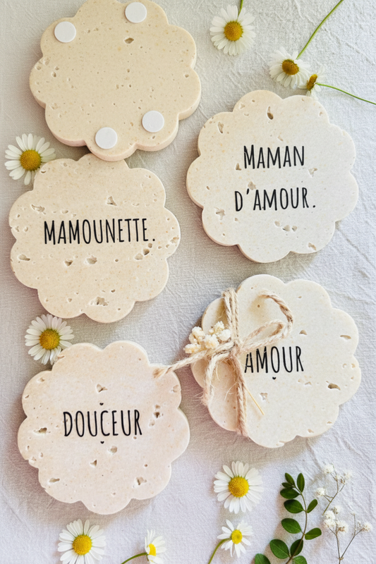Dessous de verre nuage argile blanc fleurs blanches champêtres marguerites lin tendre authentique