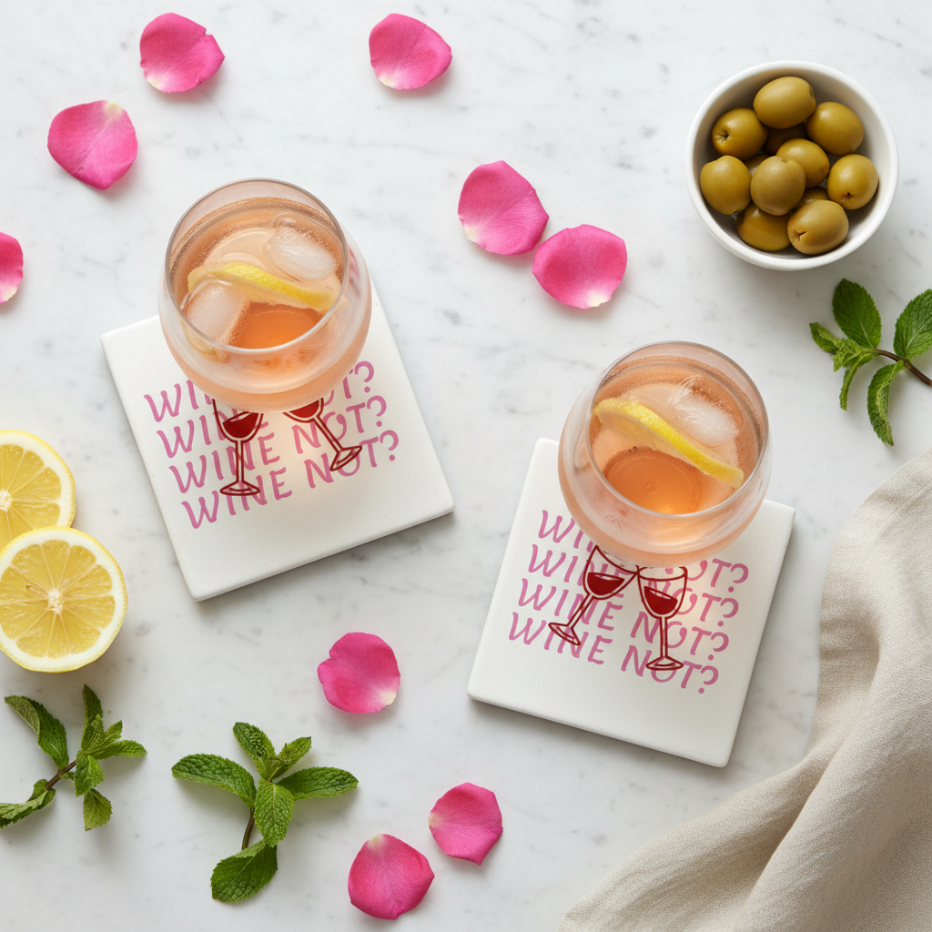 Flat lay CIN CIN WINE NOT dessous de verre rosé marbre