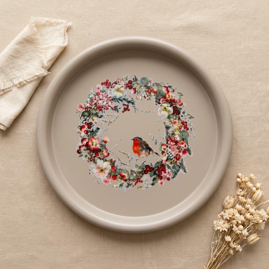 Flat lay du plateau beige à la couronne et au rouge-gorge sur fond beige texturé