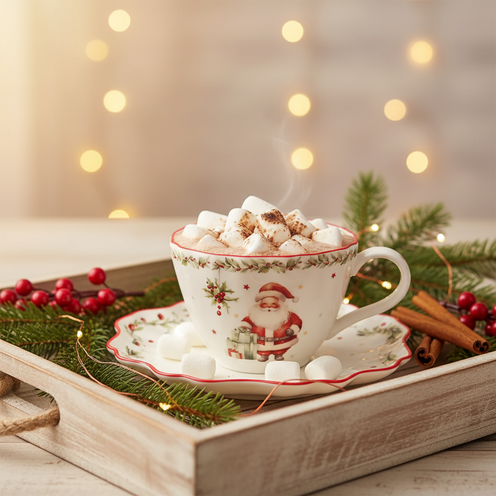 Tasse Vintage Noël avec chocolat chaud ambiance cosy