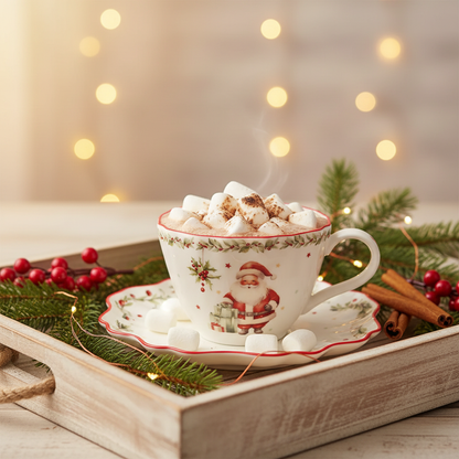 Tasse Vintage Noël avec chocolat chaud ambiance cosy