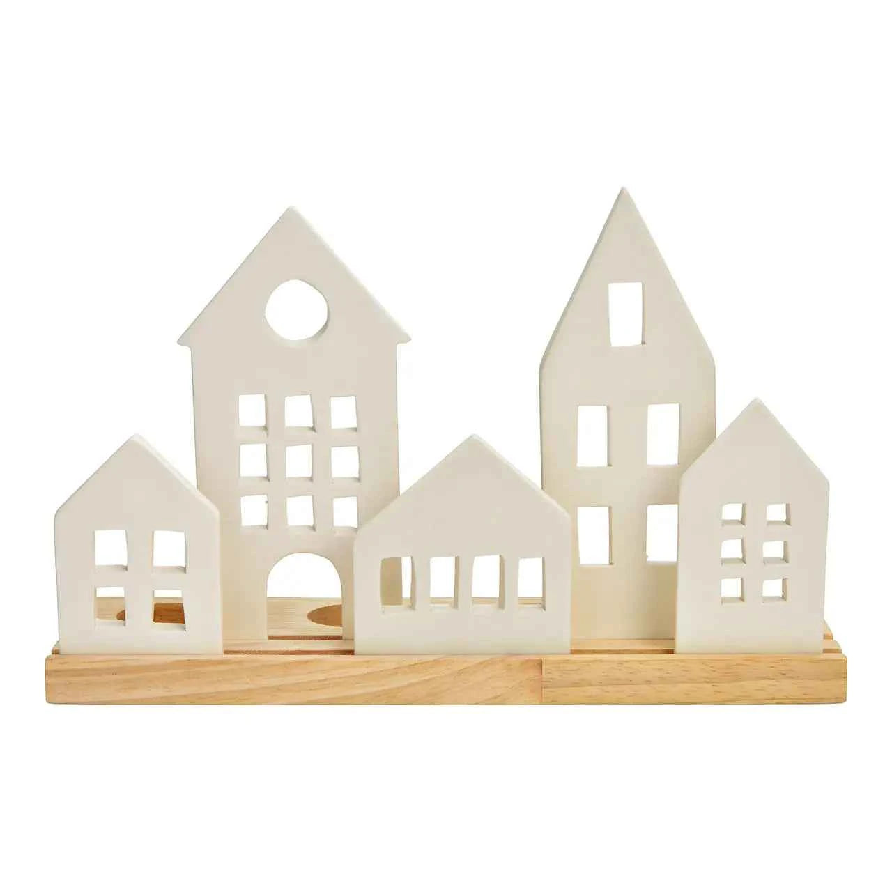 Photophore de Noël Scandinave | Village Lumineux en Porcelaine & Bois | Nordic Noël
