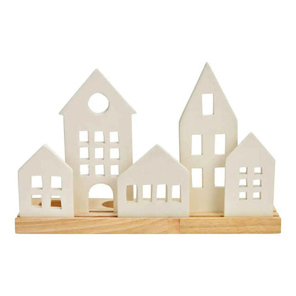 Photophore de Noël Scandinave | Village Lumineux en Porcelaine & Bois | Nordic Noël
