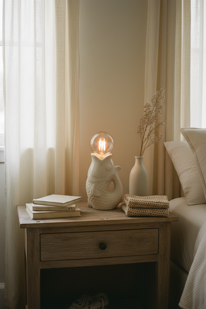 Lampe poisson blanche table de chevet rustique