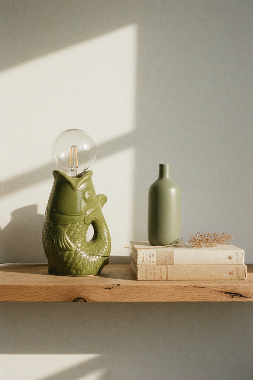 Lampe poisson verte bibliothèque chêne rustique