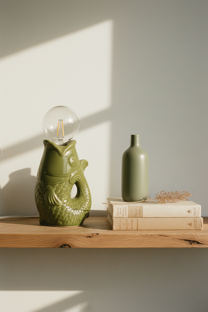 Lampe poisson verte bibliothèque chêne rustique