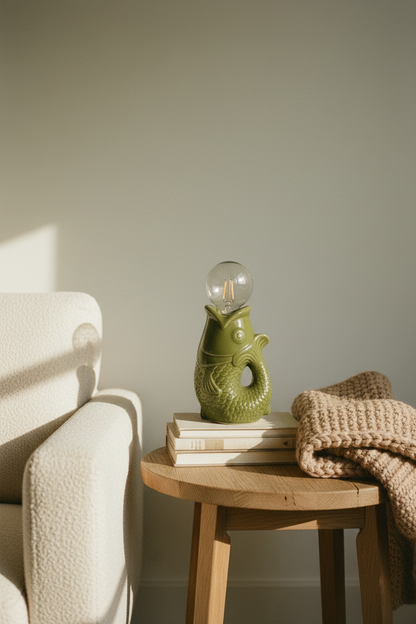 Lampe poisson verte coin lecture canapé rustique