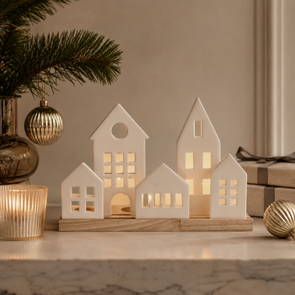 Photophore de Noël Scandinave | Village Lumineux en Porcelaine & Bois | Nordic Noël