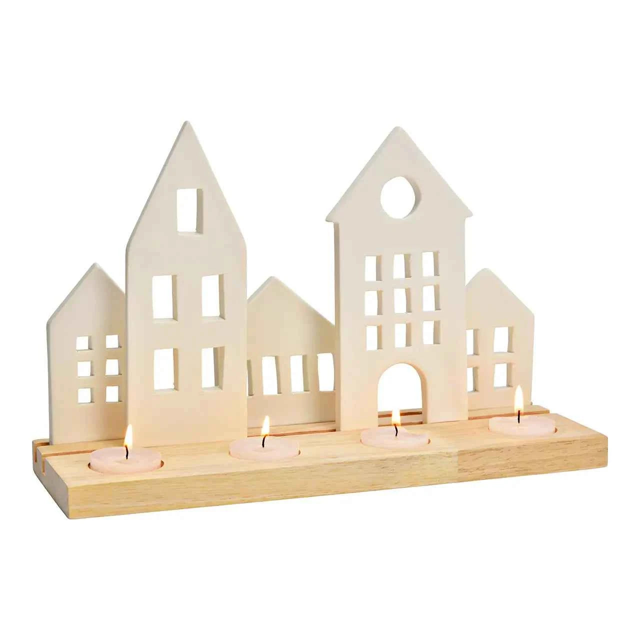 Photophore de Noël Scandinave | Village Lumineux en Porcelaine & Bois | Nordic Noël