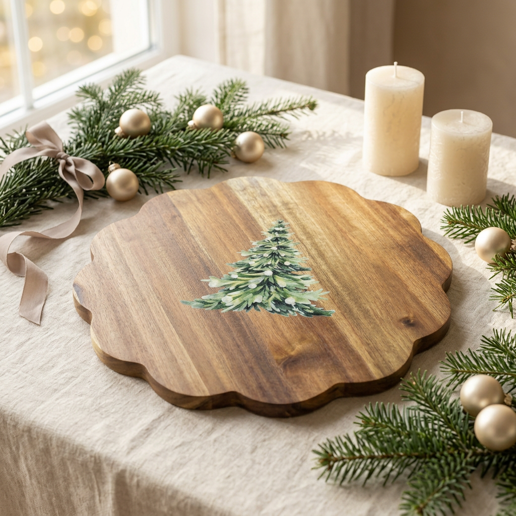 Mise en scène chic de Noël du plateau en bois avec son sapin, sur lin ivoire, avec branches de sapin et touches dorées