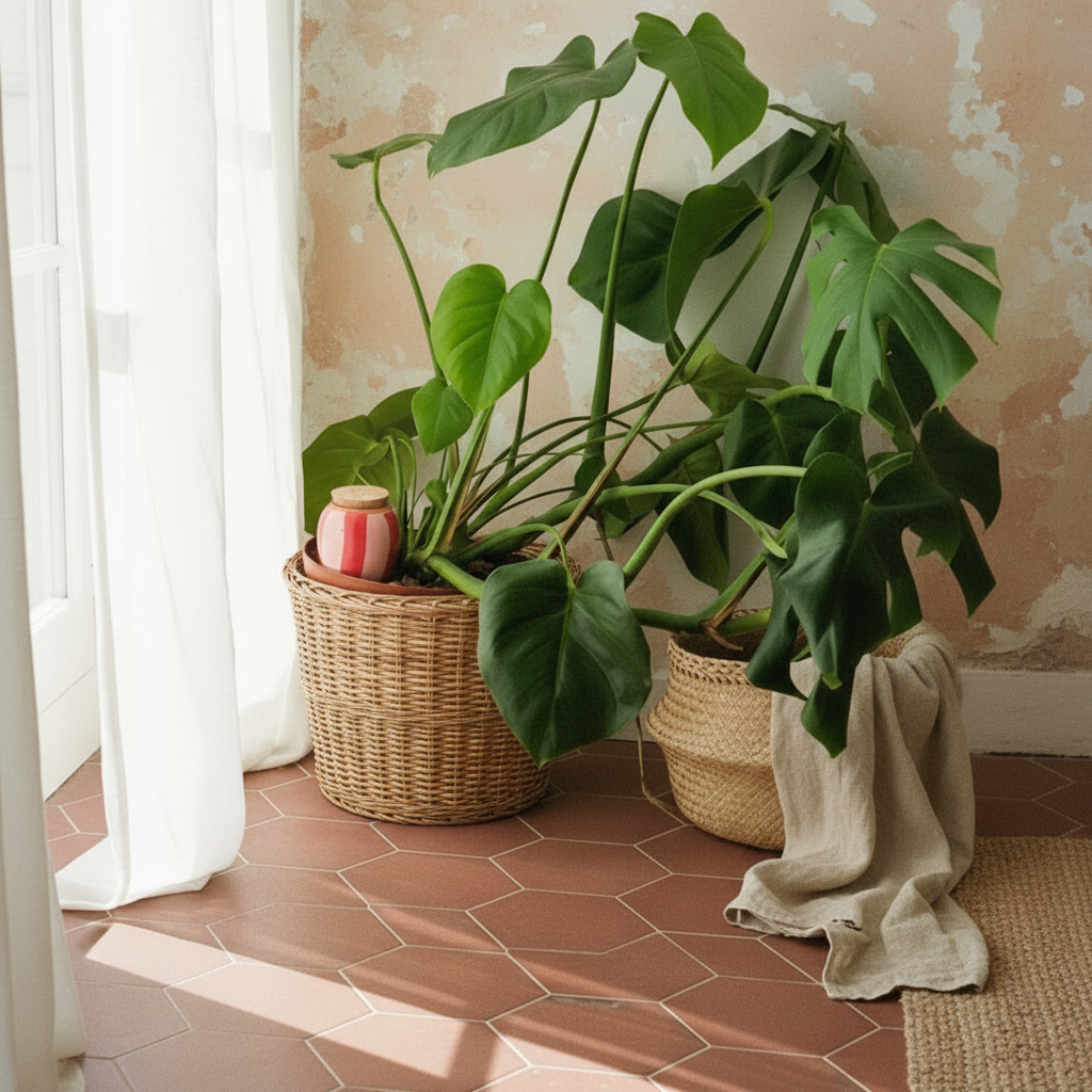 Philodendron dans panier osier tomette ancienne