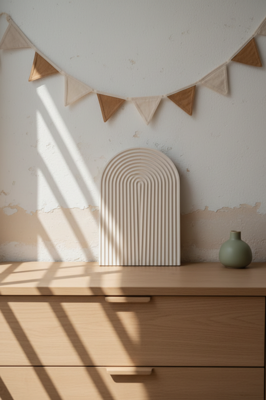 Plateau arche sur commode bois - vue de face lumière claire
