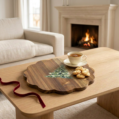 Plateau au sapin avec la tasse de thé et les biscuits posés dessus, devant la cheminée