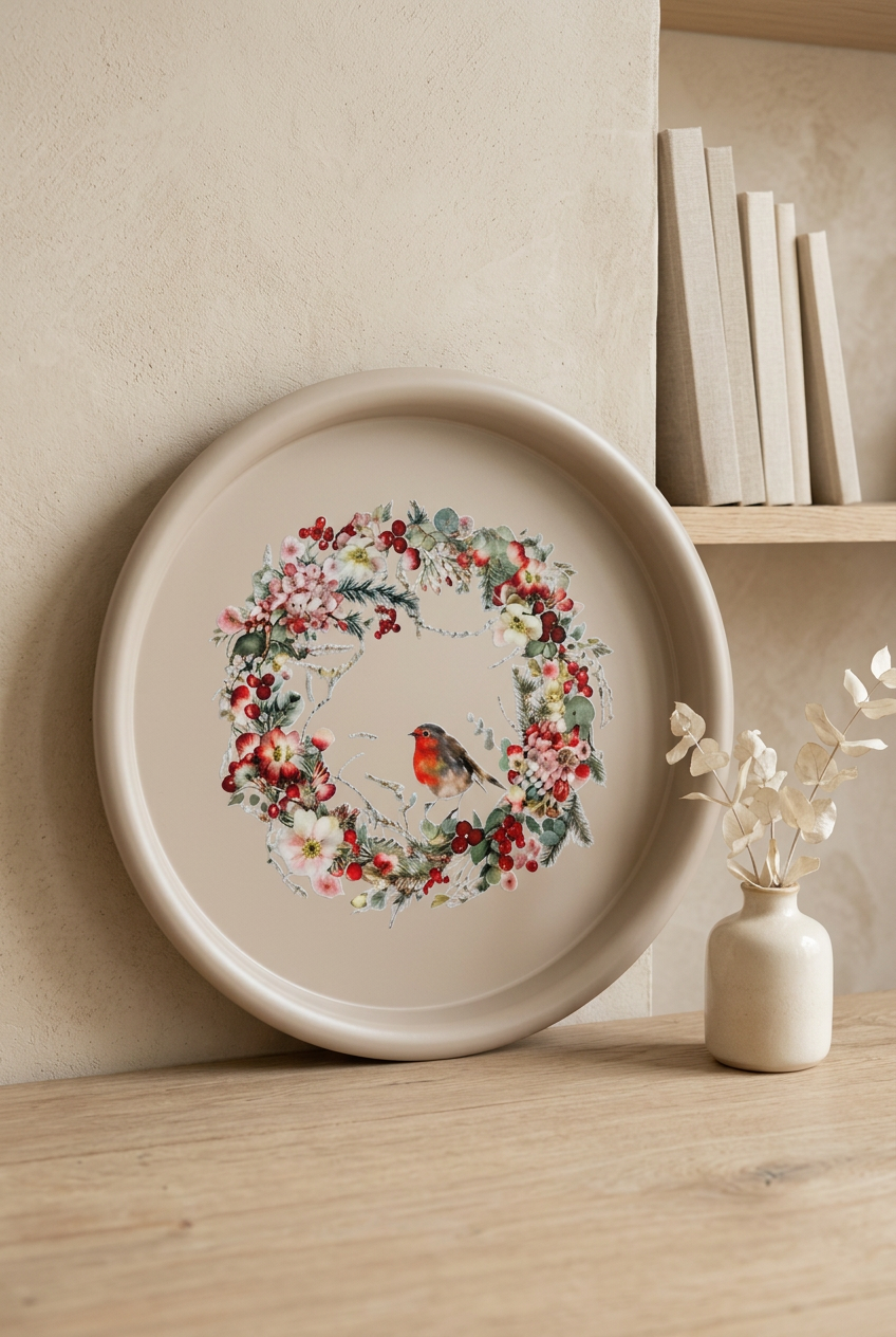 Plateau beige à la couronne et au rouge-gorge dressé contre un mur beige