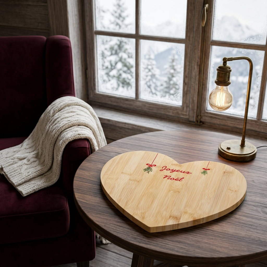 Plateau cœur Joyeux Noël dans un décor chalet chic, sur une table en noyer près d’un fauteuil en velours bordeaux