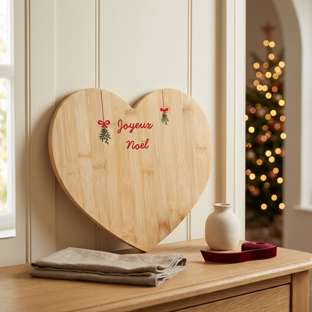 Plateau cœur Joyeux Noël présenté sur une console élégante
