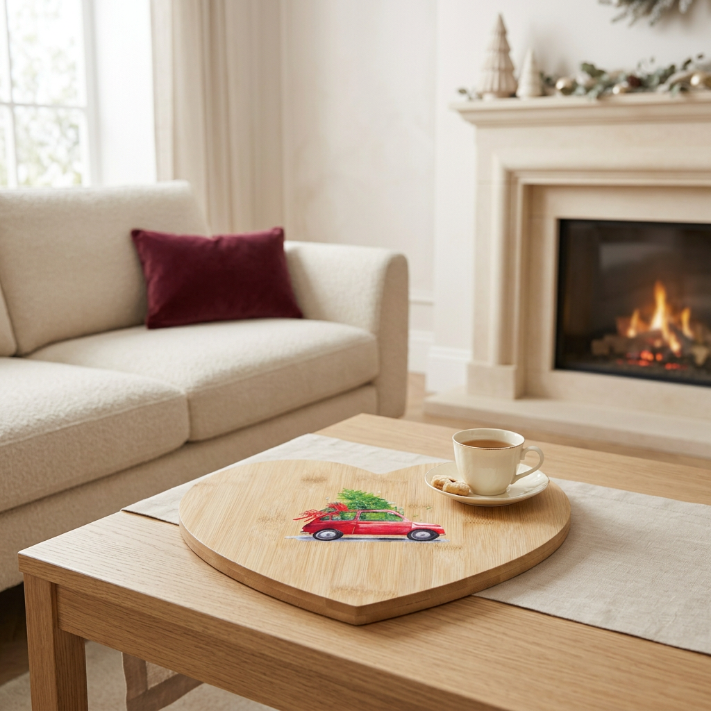 Plateau cœur voiture rouge avec thé et biscuits devant une cheminée