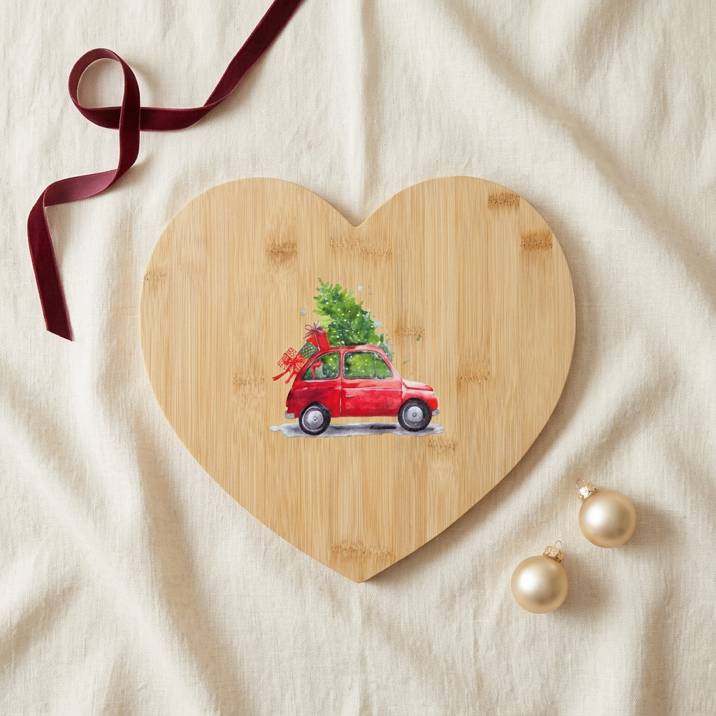 Plateau cœur voiture rouge en flat lay chic sur lin ivoire