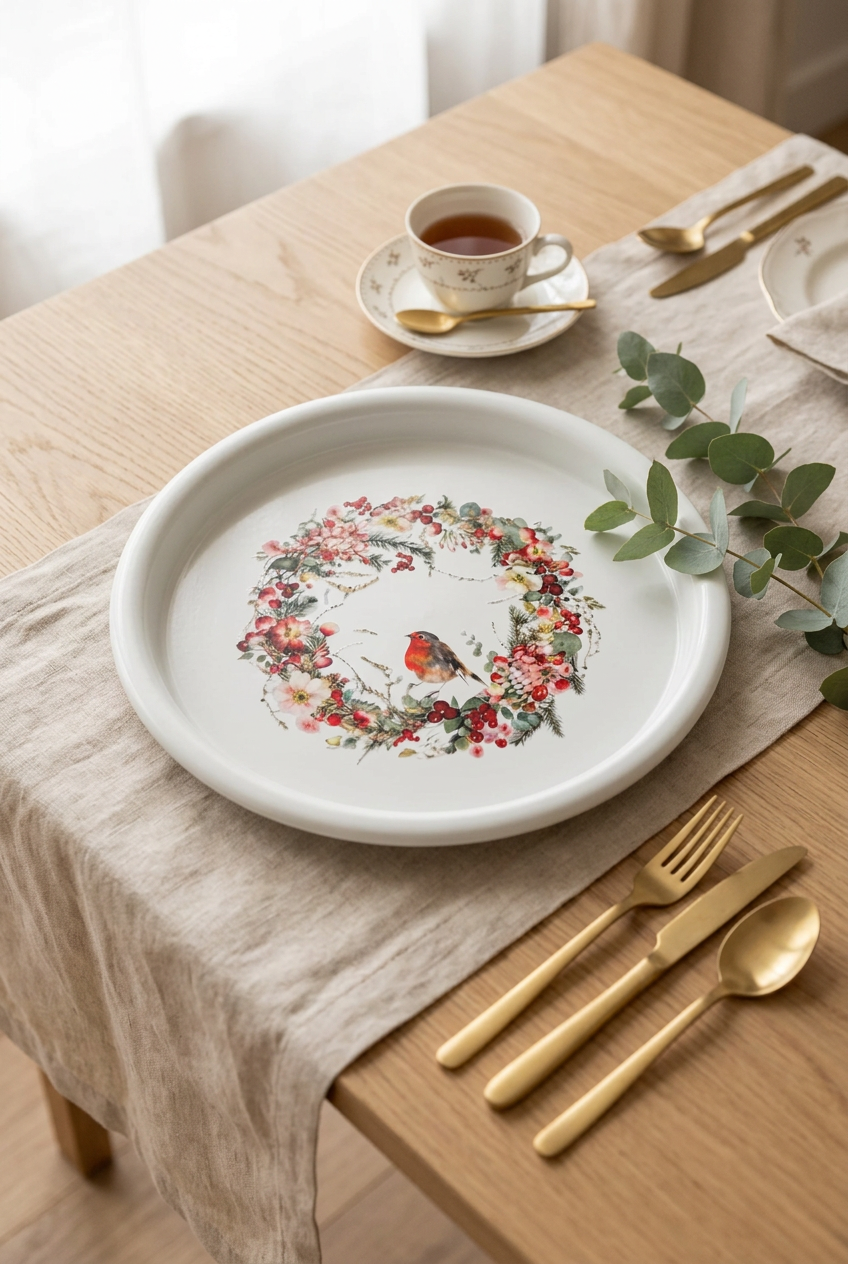 Plateau à la couronne et au rouge-gorge sur une table de petit-déjeuner chic avec lin et porcelaine