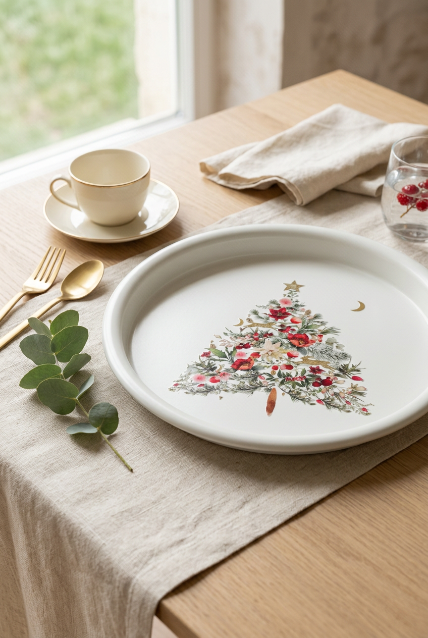 Plateau à l'arbre fleuri sur une table de petit-déjeuner chic avec lin et porcelaine