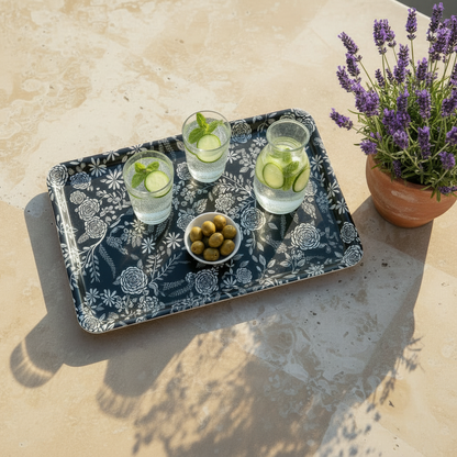 Plateau noir fleuri - travertin + pot lavande provençale