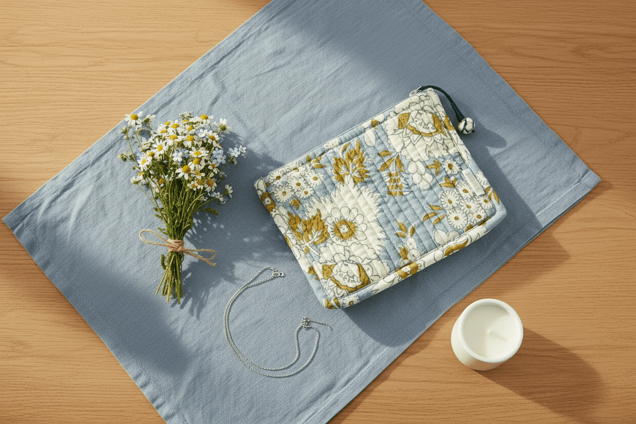 Pochette matelassée block print coton fait main