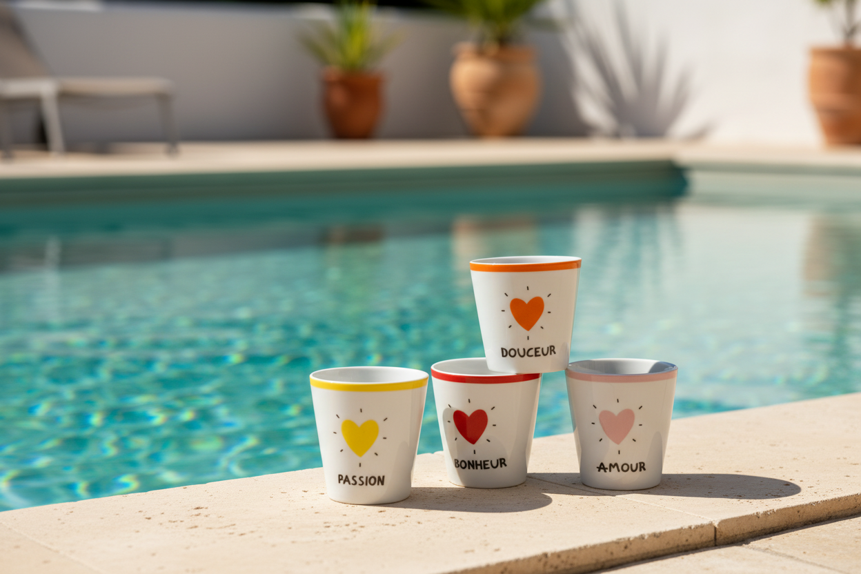 Tasses cœur au bord de la piscine - pause café
