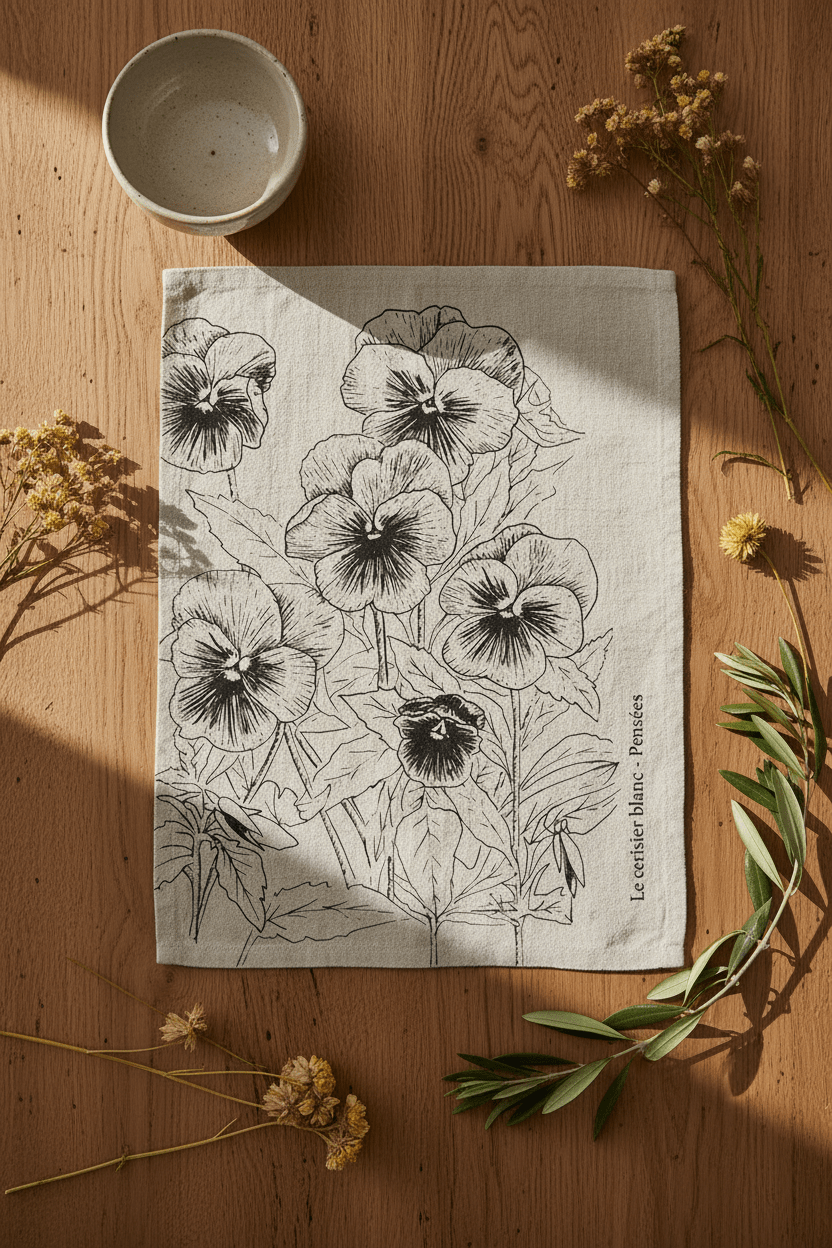 Torchon “Pensées” – Le Cerisier Blanc – Coton Oeko - Tex écoresponsable - Torchon | L'Artelier Déco