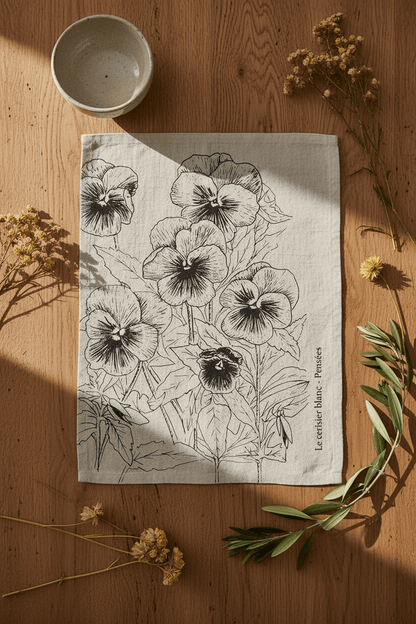 Torchon “Pensées” – Le Cerisier Blanc – Coton Oeko - Tex écoresponsable - Torchon | L'Artelier Déco