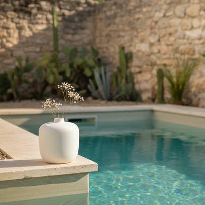 Vase blanc rond bord de piscine provençale