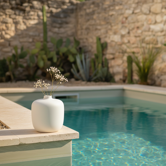 Vase blanc rond bord de piscine provençale