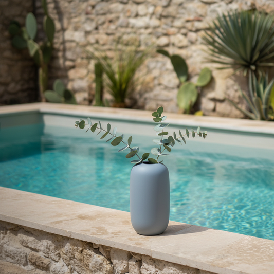 Vase bleu-gris capsule bord de piscine